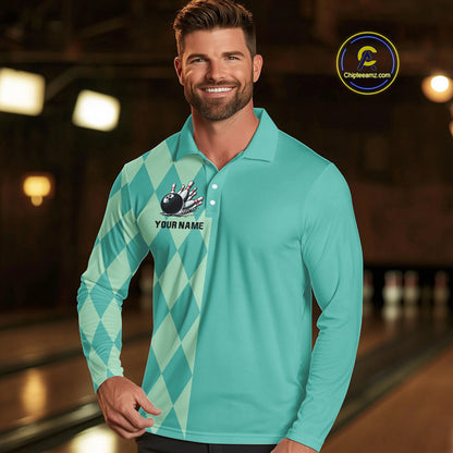 Turquoise argyle pattern Bowling Polo, Quarter Zip Shirt For Men Custom Team Bowling Jerseys NQS10107