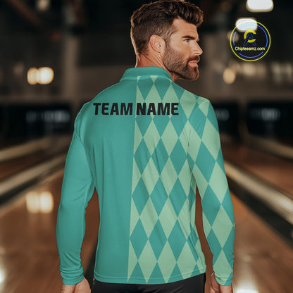 Turquoise argyle pattern Bowling Polo, Quarter Zip Shirt For Men Custom Team Bowling Jerseys NQS10107