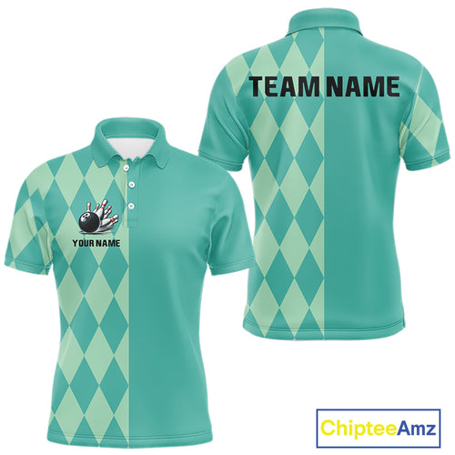 Turquoise argyle pattern Bowling Polo, Quarter Zip Shirt For Men Custom Team Bowling Jerseys NQS10107