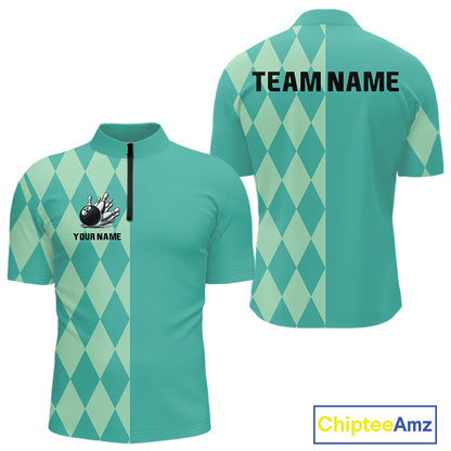 Turquoise argyle pattern Bowling Polo, Quarter Zip Shirt For Men Custom Team Bowling Jerseys NQS10107