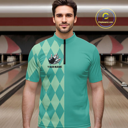 Turquoise argyle pattern Bowling Polo, Quarter Zip Shirt For Men Custom Team Bowling Jerseys NQS10107
