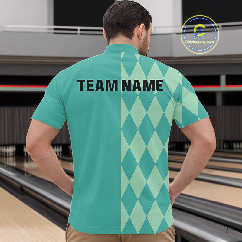 Turquoise argyle pattern Bowling Polo, Quarter Zip Shirt For Men Custom Team Bowling Jerseys NQS10107