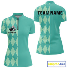 Load image into Gallery viewer, Turquoise argyle pattern Bowling Polo, Quarter Zip Shirt For Women Custom Team Bowling Jerseys NQS10107