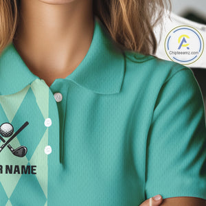 Turquoise argyle pattern Women golf polo shirt Custom golf clothes for ladies, cool golf gifts NQS10108