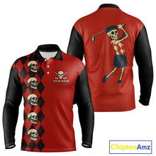 Load image into Gallery viewer, Red and Black argyle pattern Skull Golf Polo Shirts for men Custom mens golf outfit, funny golf gifts NQS10250