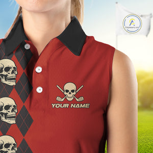 Red and Black argyle pattern Skull Women Sleeveless Polo Shirt Custom funny ladies golf outfit NQS10250