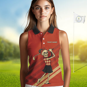 Funny argyle pattern Skull Women Sleeveless Polo Shirt Custom ladies golf attire, cool golf gift| Red NQS10251