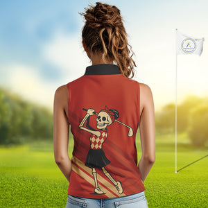Funny argyle pattern Skull Women Sleeveless Polo Shirt Custom ladies golf attire, cool golf gift| Red NQS10251
