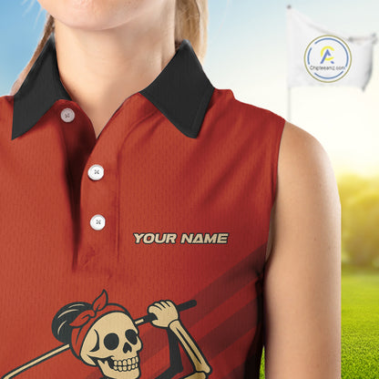 Funny argyle pattern Skull Women Sleeveless Polo Shirt Custom ladies golf attire, cool golf gift| Red NQS10251