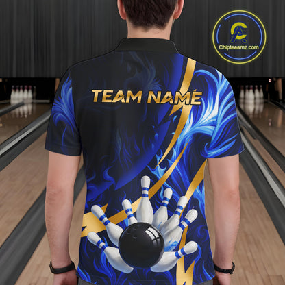 Personalized Bowling Polo, Quarter Zip Shirts for Men Custom Blue Flame and Gold Bowling Team Jersey NQS10446