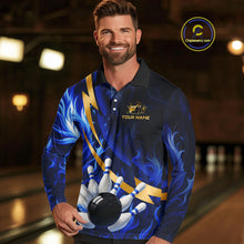 Load image into Gallery viewer, Personalized Bowling Polo, Quarter Zip Shirts for Men Custom Blue Flame and Gold Bowling Team Jersey NQS10446
