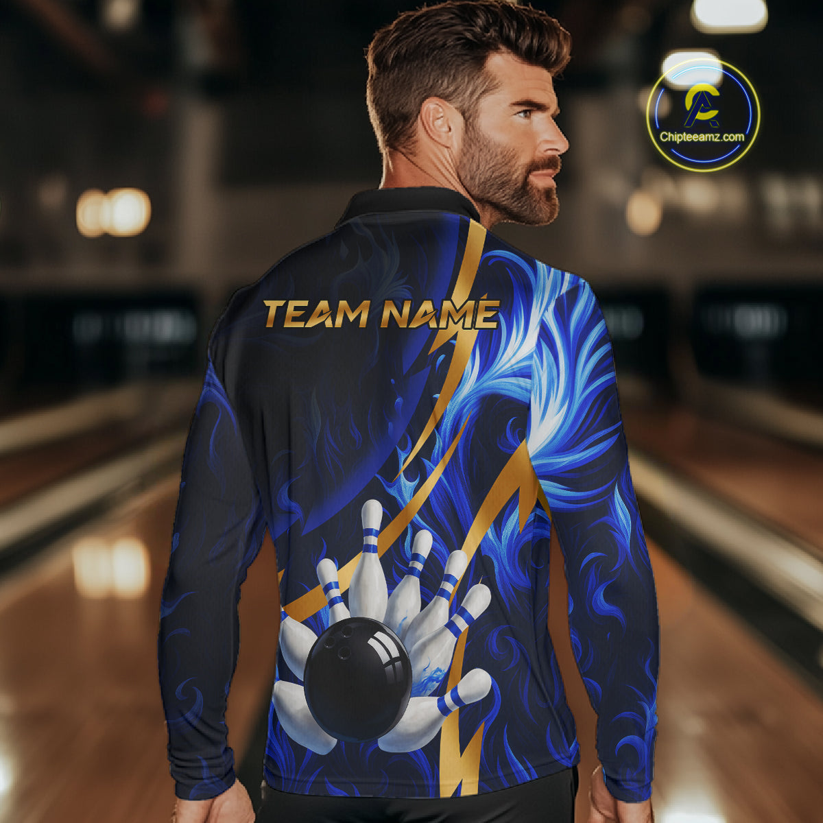 Personalized Bowling Polo, Quarter Zip Shirts for Men Custom Blue Flame and Gold Bowling Team Jersey NQS10446