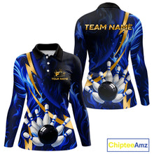 Load image into Gallery viewer, Personalized Bowling Polo, Quarter Zip Shirt for Women Custom Blue Flame and Gold Bowling Team Jersey NQS10446