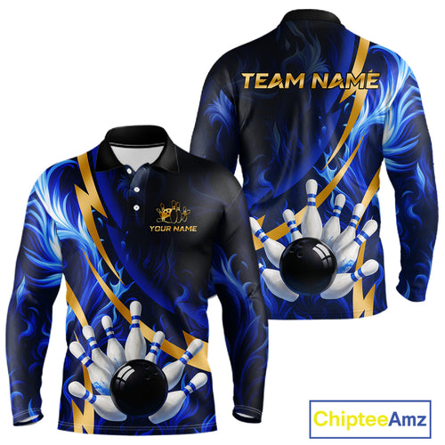 Personalized Bowling Polo, Quarter Zip Shirts for Men Custom Blue Flame and Gold Bowling Team Jersey NQS10446