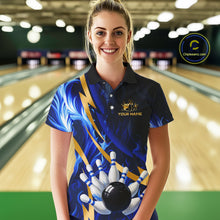 Load image into Gallery viewer, Personalized Bowling Polo, Quarter Zip Shirt for Women Custom Blue Flame and Gold Bowling Team Jersey NQS10446