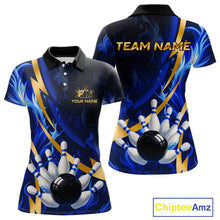 Load image into Gallery viewer, Personalized Bowling Polo, Quarter Zip Shirt for Women Custom Blue Flame and Gold Bowling Team Jersey NQS10446