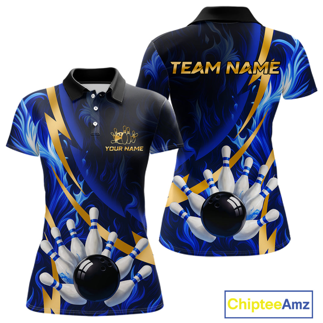 Personalized Bowling Polo, Quarter Zip Shirt for Women Custom Blue Flame and Gold Bowling Team Jersey NQS10446