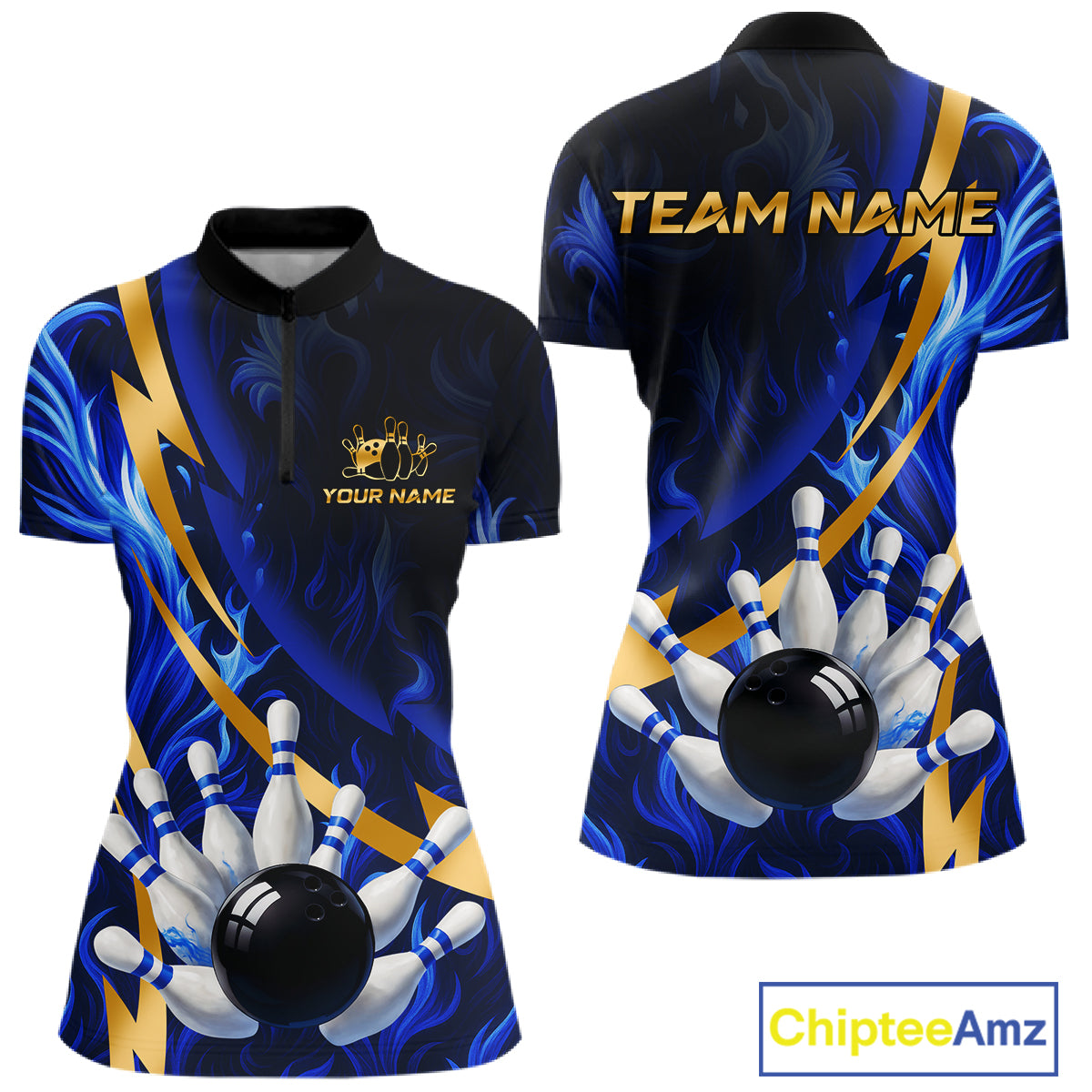 Personalized Bowling Polo, Quarter Zip Shirt for Women Custom Blue Flame and Gold Bowling Team Jersey NQS10446