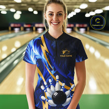 Load image into Gallery viewer, Personalized Bowling Polo, Quarter Zip Shirt for Women Custom Blue Flame and Gold Bowling Team Jersey NQS10446