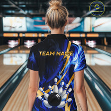 Load image into Gallery viewer, Personalized Bowling Polo, Quarter Zip Shirt for Women Custom Blue Flame and Gold Bowling Team Jersey NQS10446