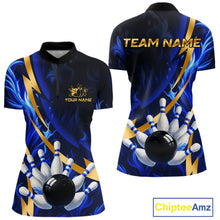 Load image into Gallery viewer, Personalized Bowling Polo, Quarter Zip Shirt for Women Custom Blue Flame and Gold Bowling Team Jersey NQS10446