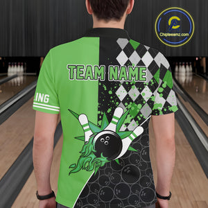 Custom Black and Green argyle pattern flame Bowling Team Jerseys, Bowling Polo, 1/4 Zip Shirt for Men NQS10450
