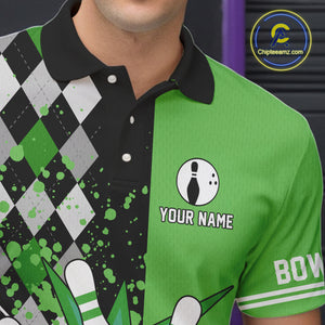 Custom Black and Green argyle pattern flame Bowling Team Jerseys, Bowling Polo, 1/4 Zip Shirt for Men NQS10450