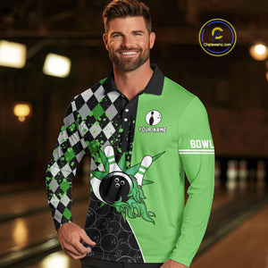 Custom Black and Green argyle pattern flame Bowling Team Jerseys, Bowling Polo, 1/4 Zip Shirt for Men NQS10450