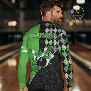 Custom Black and Green argyle pattern flame Bowling Team Jerseys, Bowling Polo, 1/4 Zip Shirt for Men NQS10450