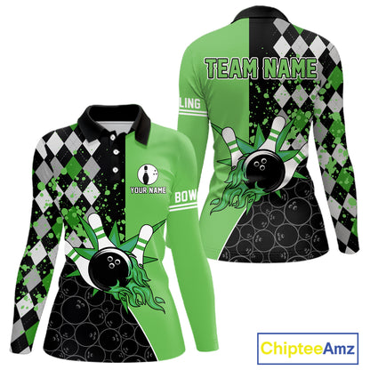 Custom Black and Green argyle pattern flame Bowling Team Jersey Bowling Polo, 1/4 Zip Shirt for Women NQS10450