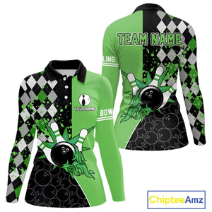 Custom Black and Green argyle pattern flame Bowling Team Jersey Bowling Polo, 1/4 Zip Shirt for Women NQS10450