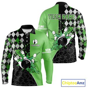 Custom Black and Green argyle pattern flame Bowling Team Jerseys, Bowling Polo, 1/4 Zip Shirt for Men NQS10450
