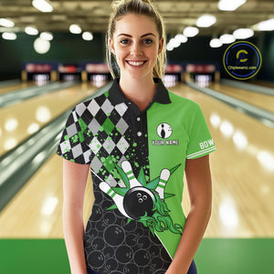 Custom Black and Green argyle pattern flame Bowling Team Jersey Bowling Polo, 1/4 Zip Shirt for Women NQS10450