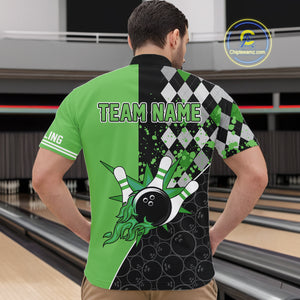 Custom Black and Green argyle pattern flame Bowling Team Jerseys, Bowling Polo, 1/4 Zip Shirt for Men NQS10450