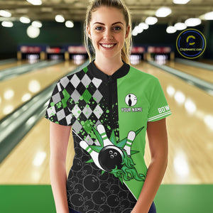 Custom Black and Green argyle pattern flame Bowling Team Jersey Bowling Polo, 1/4 Zip Shirt for Women NQS10450