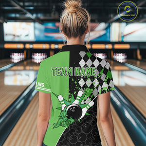 Custom Black and Green argyle pattern flame Bowling Team Jersey Bowling Polo, 1/4 Zip Shirt for Women NQS10450
