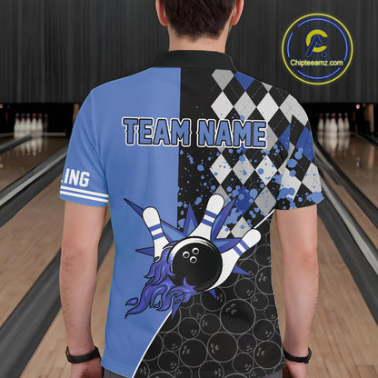 Custom Black and Blue argyle pattern flame Bowling Team Jerseys, Bowling Polo, 1/4 Zip Shirt for Men NQS10451