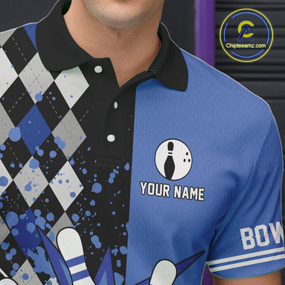 Custom Black and Blue argyle pattern flame Bowling Team Jerseys, Bowling Polo, 1/4 Zip Shirt for Men NQS10451