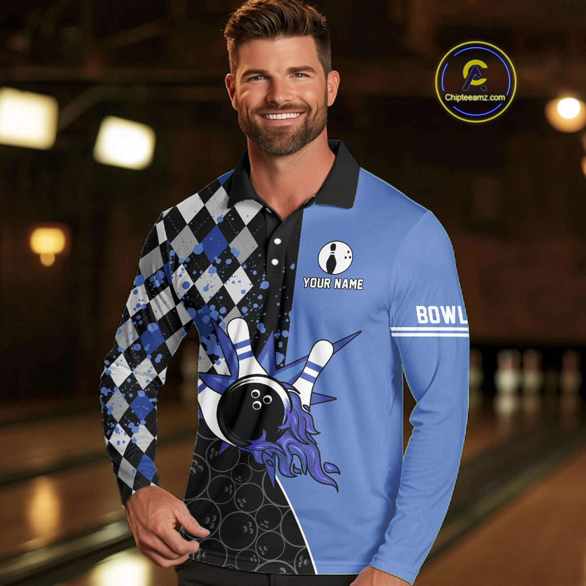 Custom Black and Blue argyle pattern flame Bowling Team Jerseys, Bowling Polo, 1/4 Zip Shirt for Men NQS10451