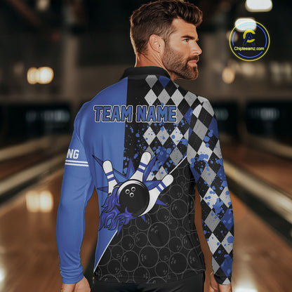 Custom Black and Blue argyle pattern flame Bowling Team Jerseys, Bowling Polo, 1/4 Zip Shirt for Men NQS10451