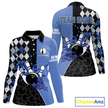 Load image into Gallery viewer, Custom Black and Blue argyle pattern flame Bowling Team Jersey Bowling Polo, 1/4 Zip Shirt for Women NQS10451