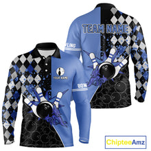 Load image into Gallery viewer, Custom Black and Blue argyle pattern flame Bowling Team Jerseys, Bowling Polo, 1/4 Zip Shirt for Men NQS10451