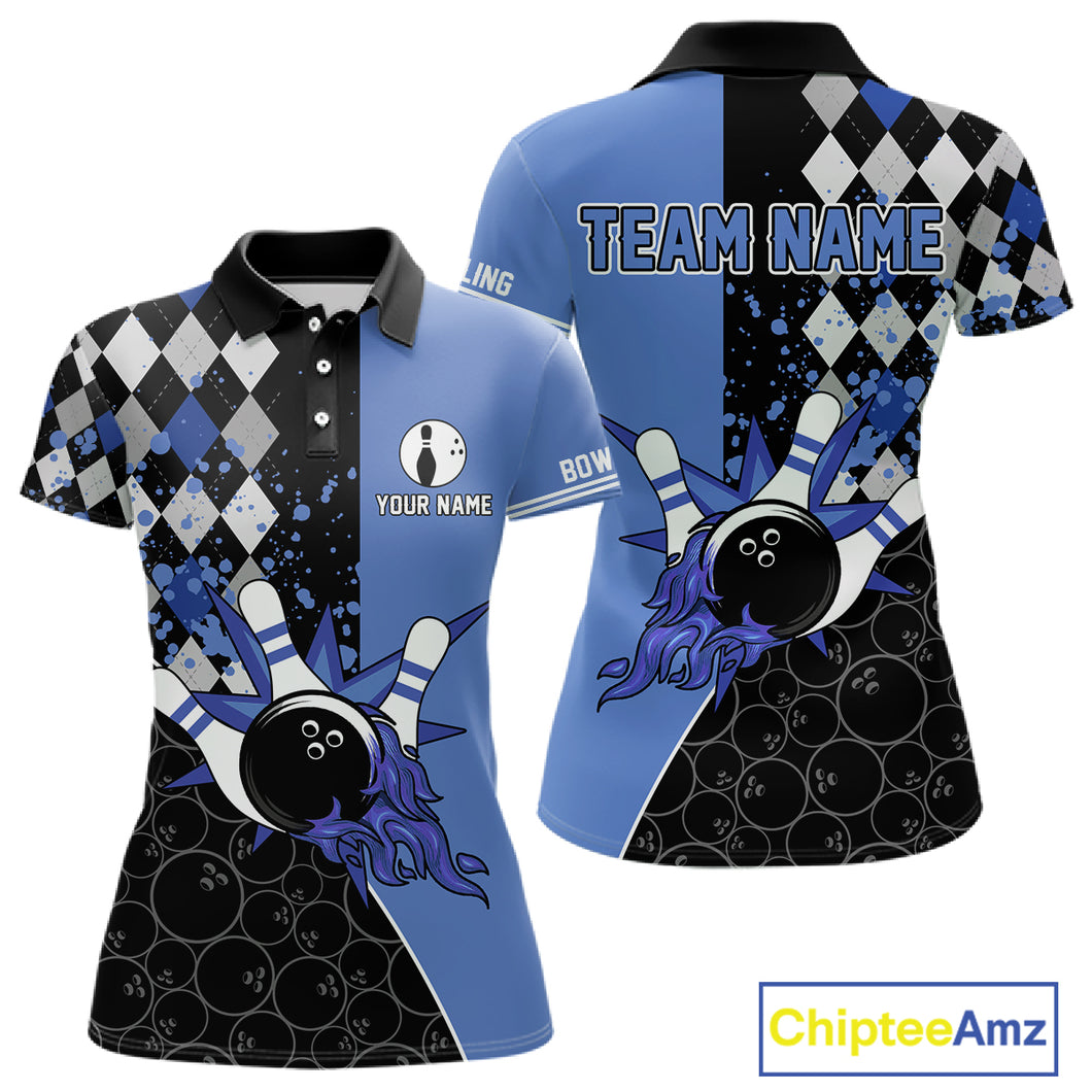Custom Black and Blue argyle pattern flame Bowling Team Jersey Bowling Polo, 1/4 Zip Shirt for Women NQS10451