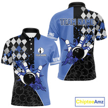 Load image into Gallery viewer, Custom Black and Blue argyle pattern flame Bowling Team Jerseys, Bowling Polo, 1/4 Zip Shirt for Men NQS10451