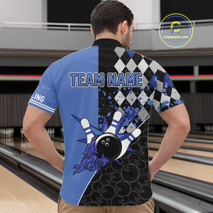 Custom Black and Blue argyle pattern flame Bowling Team Jerseys, Bowling Polo, 1/4 Zip Shirt for Men NQS10451