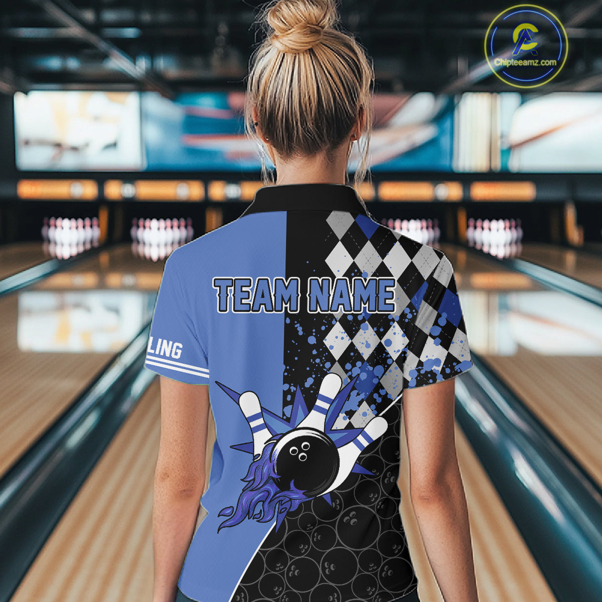 Custom Black and Blue argyle pattern flame Bowling Team Jersey Bowling Polo, 1/4 Zip Shirt for Women NQS10451