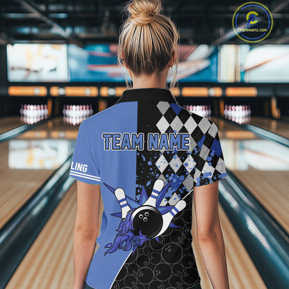 Custom Black and Blue argyle pattern flame Bowling Team Jersey Bowling Polo, 1/4 Zip Shirt for Women NQS10451