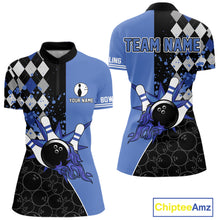 Load image into Gallery viewer, Custom Black and Blue argyle pattern flame Bowling Team Jersey Bowling Polo, 1/4 Zip Shirt for Women NQS10451