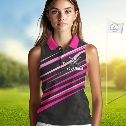 Pink and Black ribbon pattern Women Sleeveless polo shirt Custom breast cancer golf attire for ladies NQS10115