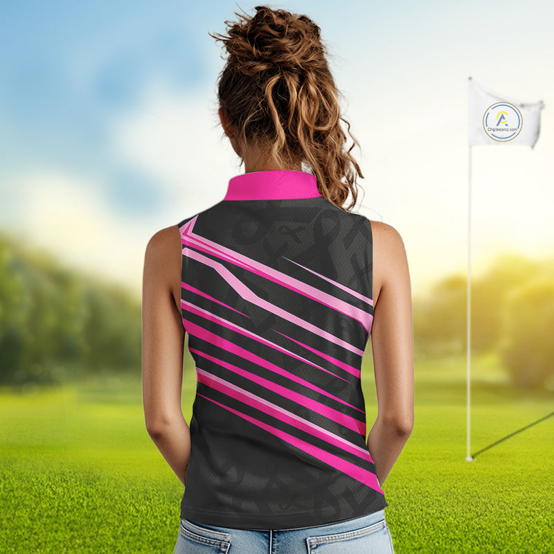 Pink and Black ribbon pattern Women Sleeveless polo shirt Custom breast cancer golf attire for ladies NQS10115